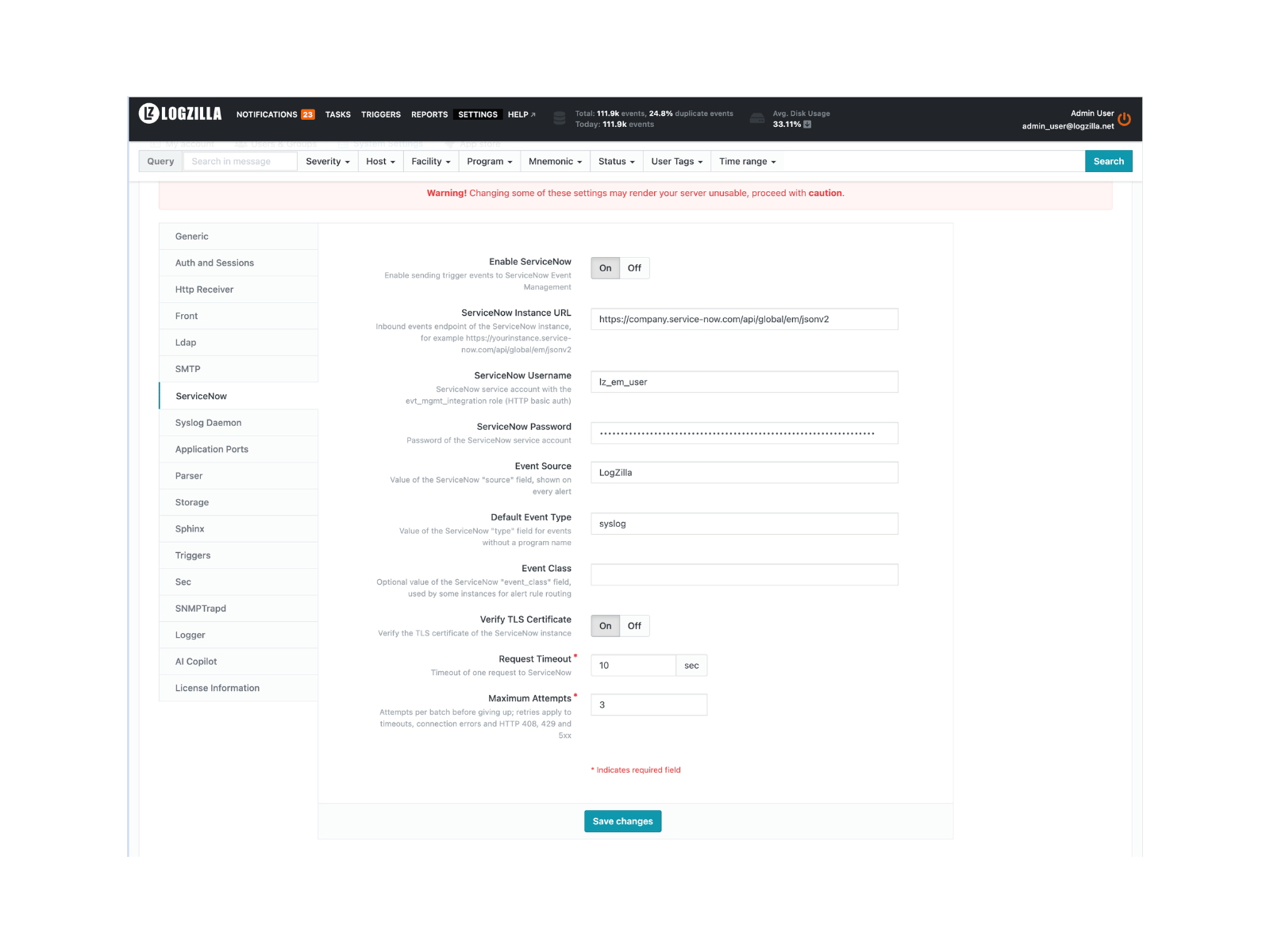 ServiceNow settings