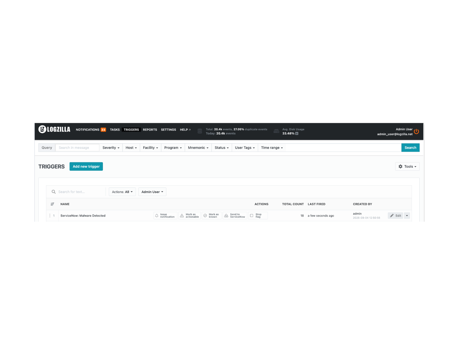 Send to ServiceNow in the trigger list