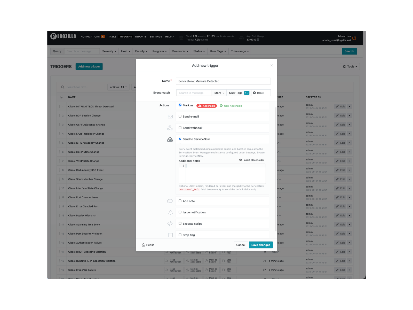 Send to ServiceNow ticked on a trigger