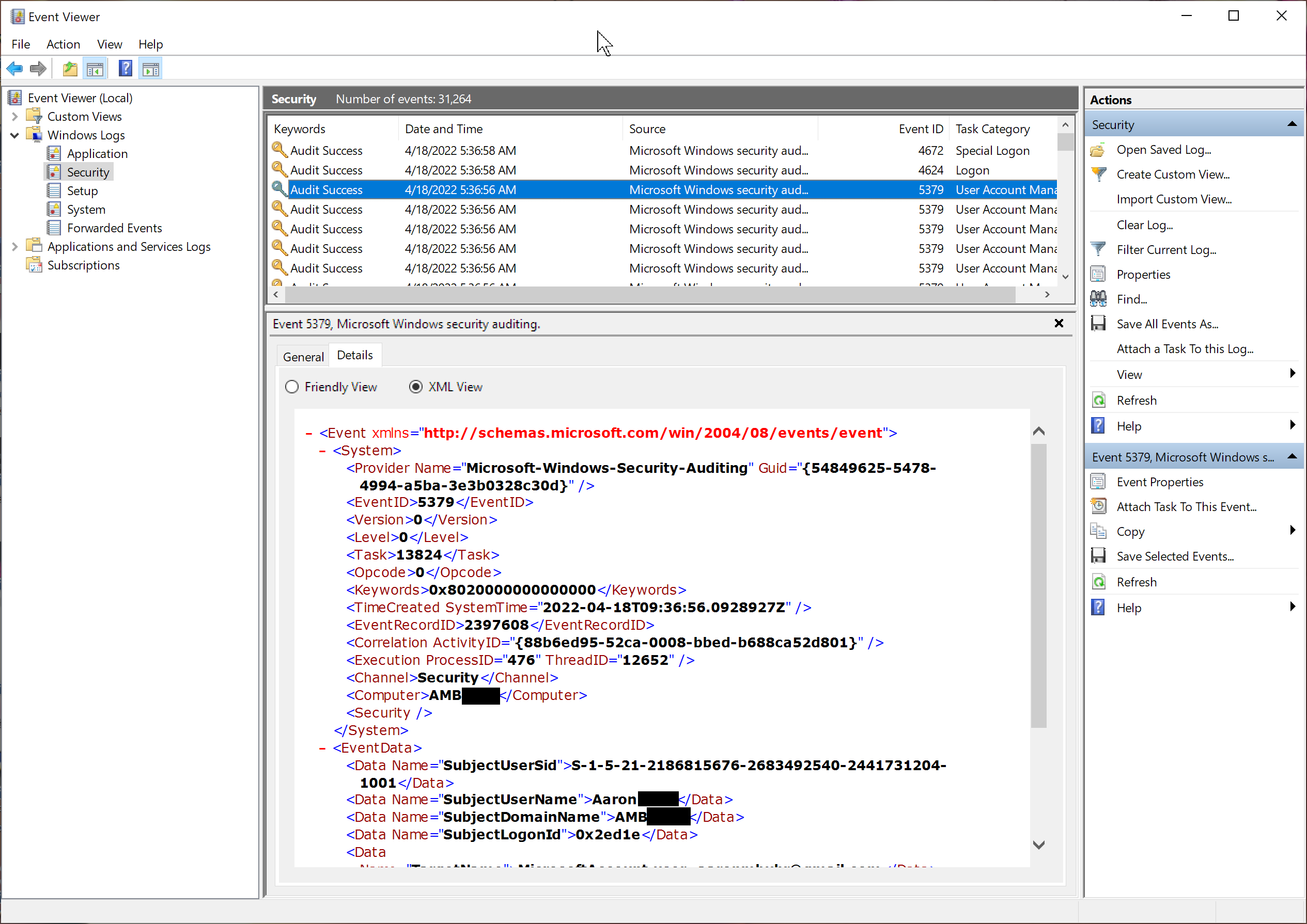 Windows Event XML Data